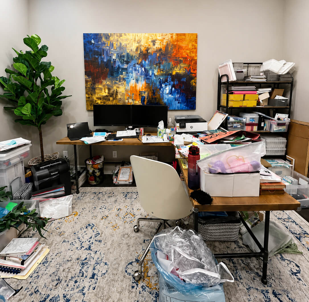 Cluttered work desk overflowing with paper documents and supplies before professional office organization in Henderson, Las Vegas