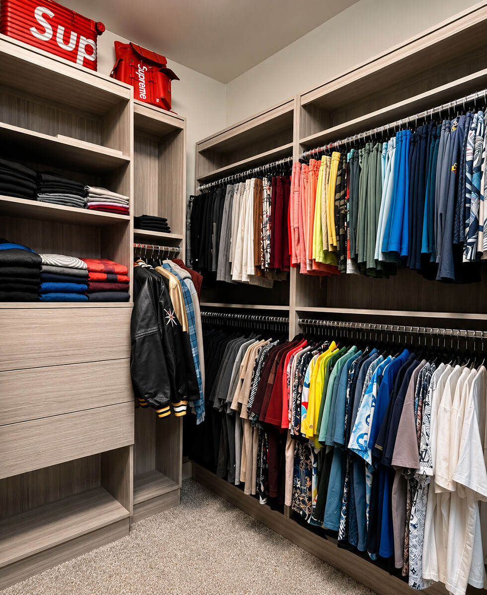 Luxury walk-in wardrobe organized by Lifelystyle in Las Vegas — clothes color-sequenced and neatly hung on custom rails, folded items stacked, floor completely clear for a boutique wardrobe experience every morning