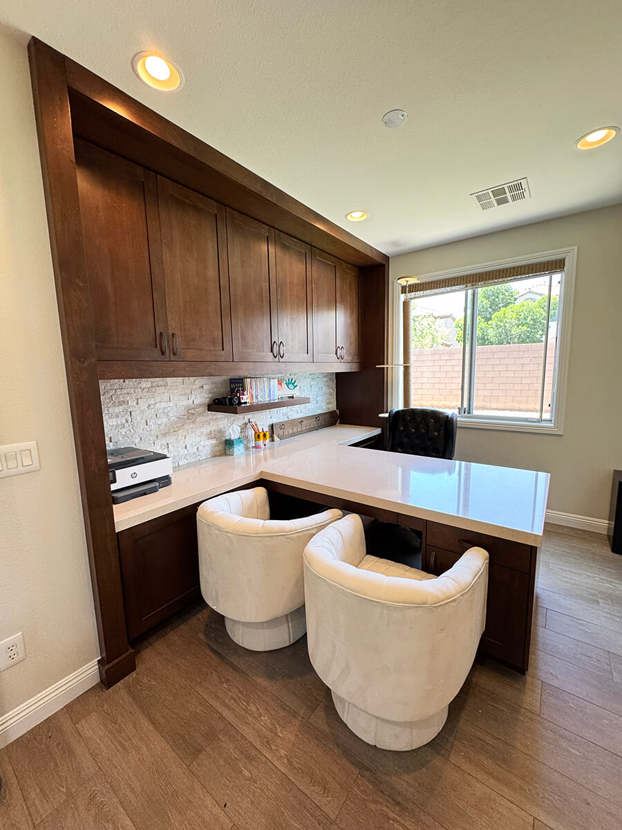Refined luxury executive office with curated bookshelves and clear workflow zones after Lifelystyle confidential office organization in Las Vegas