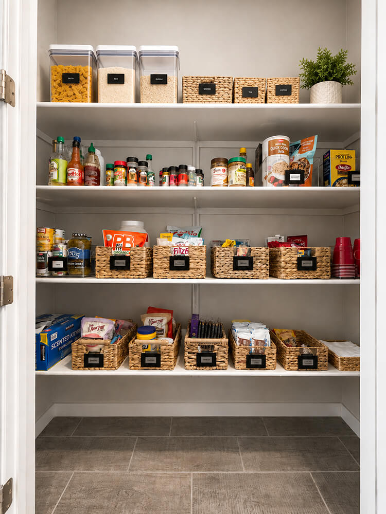 Walk-in pantry organized by Lifelystyle in Las Vegas — labeled water hyacinth baskets, clear canisters for pasta and grains, and categorized shelving that makes every item easy to find